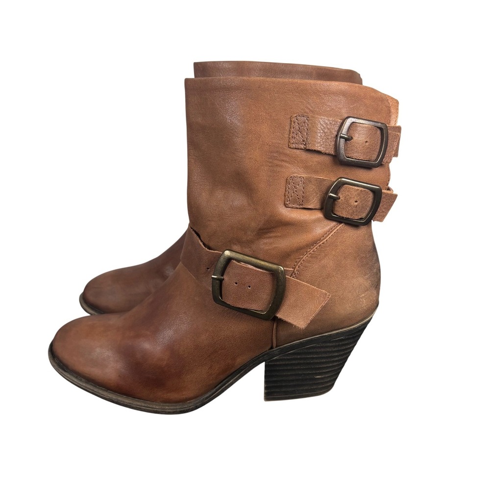 Lucky Brand Ankle Boots Genuine Leather Heeled Buckle Moto Western Brown 9.5
